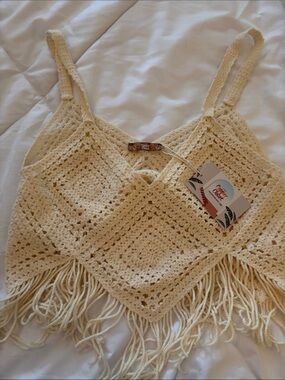 Boho Crochet Fringe Camisole Tank Top - Cream